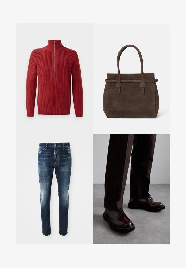 Punase soonik, millel on kõrge kaelus ja pool-tõmblukk. Tekstuur on kare ja soe, sobib jahedamate ilmade jaoks.; Valge puuvillane golfi särk ilma varrukateta, ümmarguse kaelusega, sileda tekstuuri ja sobiva lõikega, mõeldud igapäevaseks kandmiseks.; Tumedast sinise denimi kitsad püksid, millel on kulunud alad reitel ja põlvedel, viis taskut ning metallne nööpide sulgur.; Pruun nahast nööbitavad kingad läikiva viimistlusega, musta kummist tallaga ja peene tikandiga. Kanda pinstriped pruunide pükstega.; Tumed pruun nubukist öksohva, millel on kaks käepidet ja horisontaalne rihm, millel on väike kuldne DSQUARED2 logo plaat.