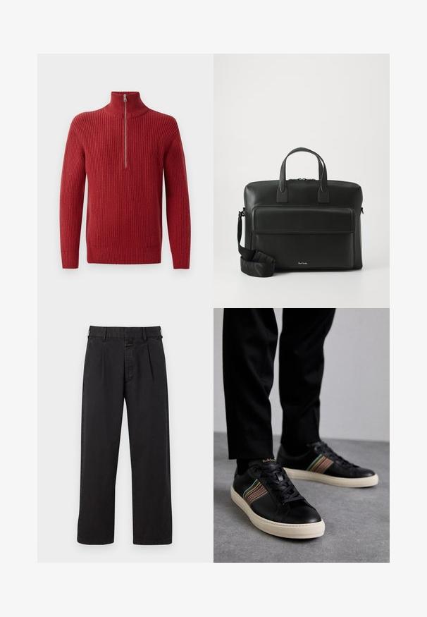 Punase soonik, millel on kõrge kaelus ja pool-tõmblukk. Tekstuur on kare ja soe, sobib jahedamate ilmade jaoks.; Mustad puuvillased püksid, sirge lõikega, pleated esiosaga, vöökonksude ja nööbilukuga. Sile tekstuur ilma mustriteta.; Mustad nahast spordijalatsid mitmevärviliste triipudega aktsentide, ümmarguse nina, ja valgete kummist talladega, omades paeladese disaini ja volditud brändimist.; Must jääst valmistatud portfell kahekordsete ülemiste käepidemetega, esikoti ja eemaldatava rihmaga, millel on peen bränding allosas.