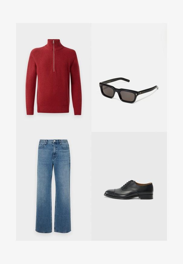 Maglione a costine rosso con collo alto e chiusura a mezza zip. La texture è morbida e calda, adatta per il clima più fresco.; Jeans a gamba larga blu in denim con una finitura sbiadita. Presentano cinque tasche, una chiusura con bottone frontale e una vestibilità dritta.; Scarpa da donna nera in pelle con finitura liscia, punta arrotondata, cinque passanti per i lacci e tacco basso a blocco. Design minimalista con cuciture sottili.; Occhiali da sole neri rettangolari con lenti scure, montatura spessa in plastica, dettagli dorati sulle tempie e logo del marchio inciso sull'asta.