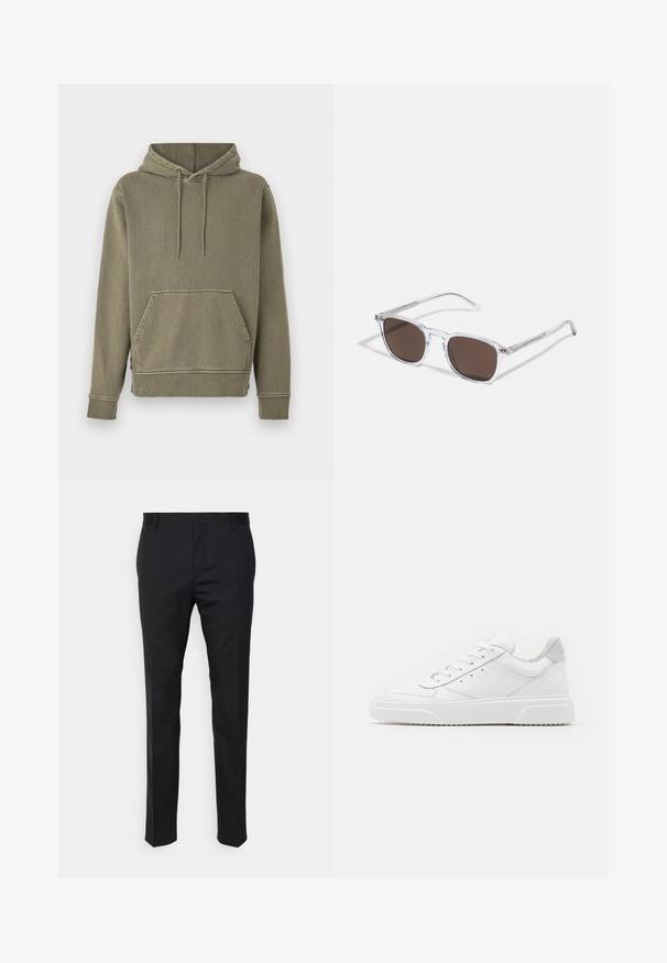 Olive green hooded sweatshirt with a textured finish, front kangaroo pocket, and ribbed cuffs and hem. Features drawstring for hood adjustment.; Black tailored trousers with a straight fit, made from smooth fabric. Features belt loops and crease detail along the front.; White leather sneakers with a smooth finish, rounded toe, flat laces, and a textured sole. Grey suede accent at the heel.; Clear plastic sunglasses with rectangular brown lenses, featuring thin, transparent arms and metal accents on the temples.