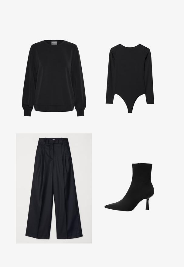 Felpa nera con maniche lunghe, colletto a giro e polsini a coste. Presenta una texture liscia e un discreto dettaglio del logo sul davanti.; Body nero a maniche lunghe con scollo rotondo, design aderente e fondo a perizoma. Texture liscia, cuciture minime, senza hardware visibile.; Pantaloni neri a gamba larga realizzati in un tessuto morbido, con vita alta, pieghe e un design sartoriale. Finiture semplici in nero in vita.; Stivale alla caviglia nero realizzato in tessuto liscio, con punta appuntita e tacco a stiletto sottile, dal design senza soluzione di continuità e senza hardware visibile.