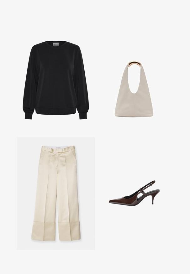 Čierna mikina s dlhými rukávmi, okrúhlym výstrihom a rebrovanými manžetami. Má hladkú textúru a jemný detail loga vpredu.; Béžové nohavice s širokými nohavicami vyrobené z hladkej tkaniny, s vysokým pásom, prehnutým predným dielom a zloženým lemom, obsahujú bočné vrecká a čistý finiš.; Hnedé lakované slingback lodičky s špicatou špičkou, otvorenými výrezmi a tenkým podpätkom. Obsahujú nastaviteľný remienok s prackou.; Svetlosivá kožená taška s U-tvarom a zakrivenou kovovou rukoväťou. Hladký povrch s minimálnym prešívaním a bez viditeľných vzorov.