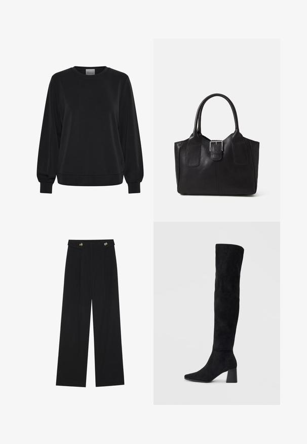 Mustmustöös pikkade varrukatega, ümar kaelus ja soonikkoesed varrukad. Omab siledat tekstuuri ja peent logodetaili esiküljel.; Mustad laiad püksid kõrge vöökoha ja nööpdetailidega vööandil, esikortsudega.; Must must ümberpööratud musta nahast põlve kõrgune saapad blokknõelaga, terava varbaga ja sujuva, õmblusteta disainiga, asetatud heledale taustale.; Mustgamma nahast kott, millel on sile tekstuur, struktureeritud kuju, kaks käepidet ja esiküljel silmapaistev hõbedane pandla detail.