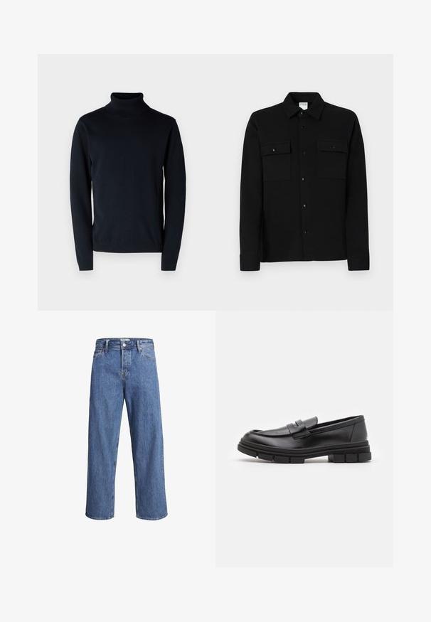 Pull-over en grosse maille marine foncé en tissu doux et extensible. Caractéristiques : manches longues et poignets et ourlet côtelés. Design simple et épuré.; Chemise noire à boutons, fabriquée dans un tissu lisse, dotée de deux poches poitrine, d'un col pointe et de poignets à boutons. Design simple avec un minimum de détails.; Jean en denim bleu clair avec une coupe droite, taille haute et des détails de couture minimes. Le tissu a une texture douce et légèrement délavée.; Mocassins en cuir noir avec une finition lisse, présentant un détail de sangle à l'avant et une semelle en caoutchouc épaisse avec des accents striés.
