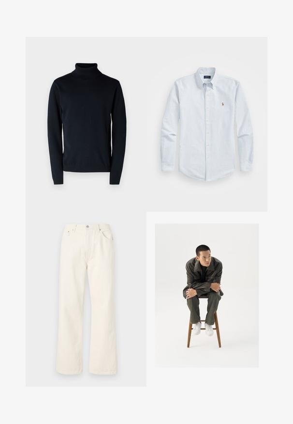 Donkerblauwe coltrui van zacht, rekbaar materiaal. Heeft lange mouwen en ribgebreide manchetten en zoom. Eenvoudig, strak ontwerp.; Lichtblauw gestreept overhemdd met lange mouwen, een kraag en een klein rood geborduurd logo op de borst. Katoenen stof.; Crème kleurige wijde jeans gemaakt van denim, met een standaard vijf-pocket ontwerp en een metalen knoopsluiting bij de taille.; Bruine leren jas met een brede kraag, gecombineerd met donkergroene jeans en witte sneakers. Het model zit op een houten kruk.