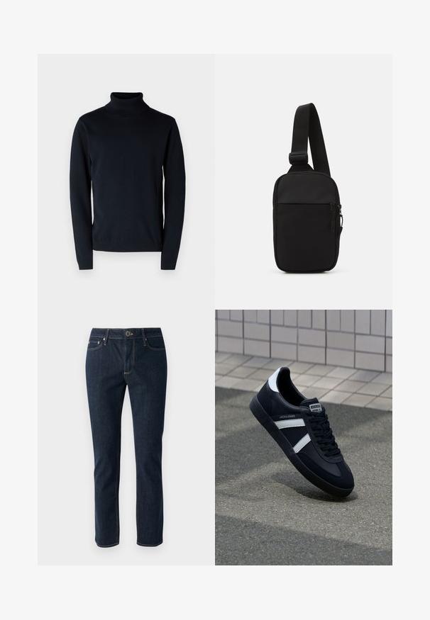 Dark navy turtleneck sweater made of soft, stretchy fabric. Features long sleeves and ribbed cuffs and hem. Simple, clean design.; Dark blue denim jeans with a straight leg design, featuring a button closure, five pockets, and contrasting stitching. Smooth texture.; Black leather sneaker with white stripes, textured rubber sole, and lace-up front. Features a branded label on the tongue.; Black crossbody bag made of durable fabric, featuring a single adjustable strap, a zippered main compartment, and a front pocket.