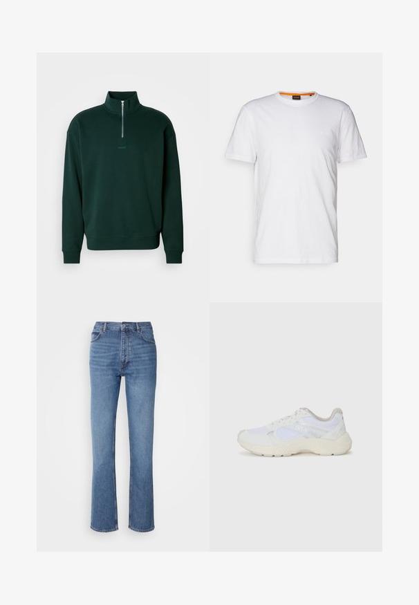Felpa verde scuro con collo alto, chiusura a mezza zip e polsini a costine. Presenta un sottile logo "HUGO" sul petto.; T-shirt bianco in cotone con collo rotondo, maniche corte e un logo a rilievo discreto sul petto. L'etichetta interna ha un accento arancione.; Jeans in denim blu con vita alta, design a gamba dritta e leggera sbiaditura. Presentano il classico stile a cinque tasche e chiusura con zip.; Scarpe da ginnastica bianche in mesh e suede, con una suola intermedia testurizzata, dettagli testurizzati e il logo "HUGO" sul lato.