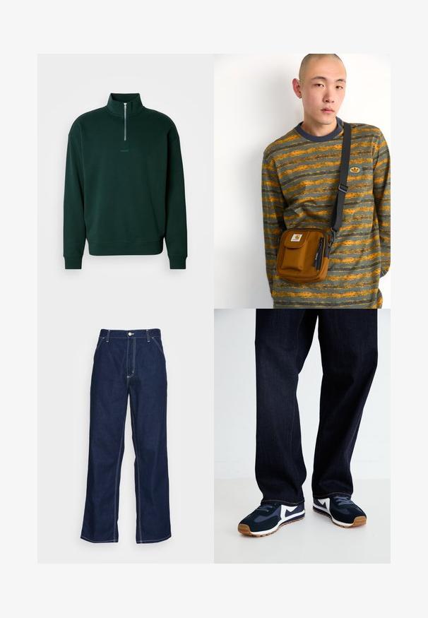 Dark green pullover sweatshirt with a high collar, half-zip closure, and ribbed cuffs. Features a subtle "HUGO" logo on the chest.; Dark blue denim trousers with wide legs, featuring a high waist, front pockets, and contrasting white stitching along seams.; Navy and white athletic shoes with a textured upper, laces, and rubber sole, paired with dark denim pants with orange stitching.; Brown fabric crossbody bag with zipper and front pocket; worn over a gray and orange striped long-sleeve shirt with logo patch.