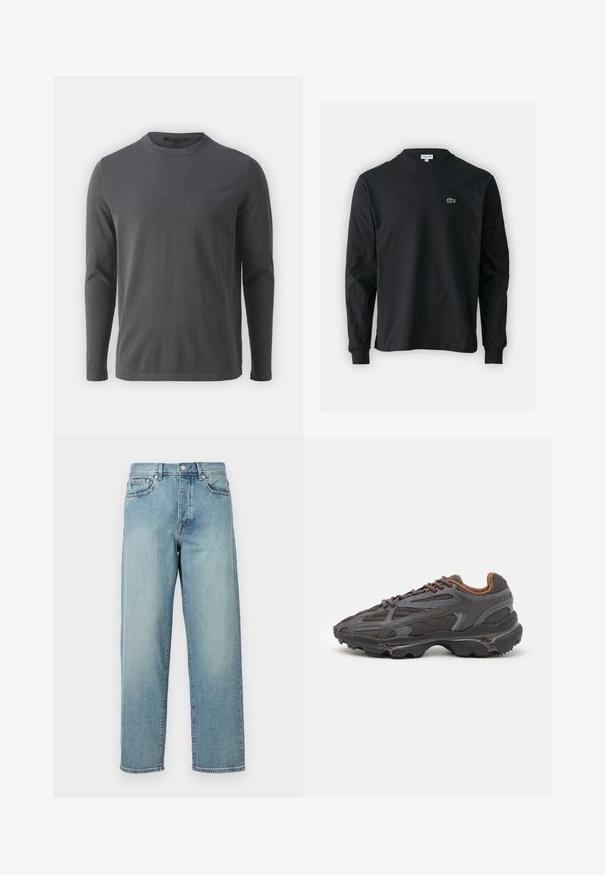 Chemise grise à manches longues en tissu doux. Elle présente un col rond, un ourlet droit et un design minimaliste sans motifs ni accents.; T-shirt noir à manches longues en coton, avec un col rond et un petit logo de crocodile brodé vert sur la poitrine gauche.; Jean en denim bleu clair avec une coupe loose, jambes droites, design à cinq poches et fermeture à bouton à la taille. Détail de couture minimaliste.; Baskets Lacoste en gris foncé, en matériau mesh et synthétique, avec une semelle texturée et des accents marron sur le col et le branding.