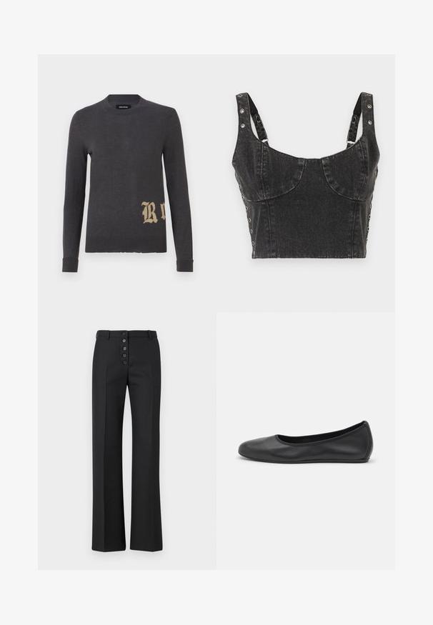 Pull gris à manches longues en matière tricot douce, avec une grande lettre beige "R" en bas à gauche. Encolure arrondie et poignets ajustés.; Ksubi DAUPHINE BUSTIER SHADOW - Débardeur - black; The Kooples PANTALON - Pantalon classique - black; Ballerines en cuir noir avec un bout rond, texture lisse, détails de couture minimalistes et design de semelle flexible.
