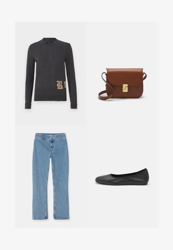 Pelēks garām piedurknēm džemperis, kas izgatavots no mīksta adījuma materiāla, ar lielu bežīgu burtu "R" apakšējā kreisajā stūrī. Apaļa kakla izgriezums un pieguļošas piedurknes.; Balta īsām piedurknēm T-krekls, izgatavots no ribota auduma. Apaļš izgriezums, regulāra piegriezuma un diskrēti šuvumu detaļas. Bez printiem vai grafikām.; Gaiši zili taisni džinsi ar pogu un rāvējslēdzēju, jostas cilpām un standarta šuvēm uz balta fona.; Melna ādas baleta kurpe ar noapaļotu purngalu, gludu tekstūru, minimālu šuvju detalizāciju un elastīgu zoles dizainu.; Bordo ādas rokas soma ar atloku, zeltītām detaļām, plecu siksnu un gludu virsmu. Kompakta, taisnstūrveida forma.