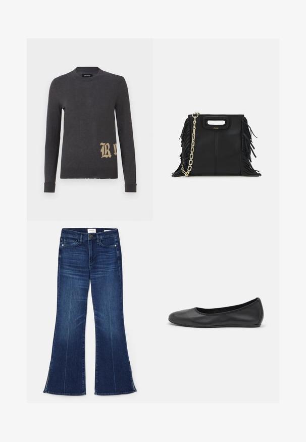 Harmaa pitkähihainen neule pehmeästä neulemateriaalista, jossa on suuri beige kirjain "R" vasemmassa alareunassa. Pyöreä pääntie ja istuvat hihansuut.; Tummansiniset leveälahkeiset farkut, jotka on valmistettu denimmateriaalista. Ominaisuuksiin kuuluu korkea vyötärö, etupocketit ja halkiokohdat helman kohdalla. Klassinen viiden taskun muotoilu.; Musta nahkainen ballerina, jossa on pyöristetty kärki, sileä pinta, minimaalinen ommelkoristelu ja joustava pohjamuotoilu.; Musta nahkakäekott, millel on frantsiisidetailid, kuldne õlgade rihm ja lõikega käepide. Ees on logo paigutus.