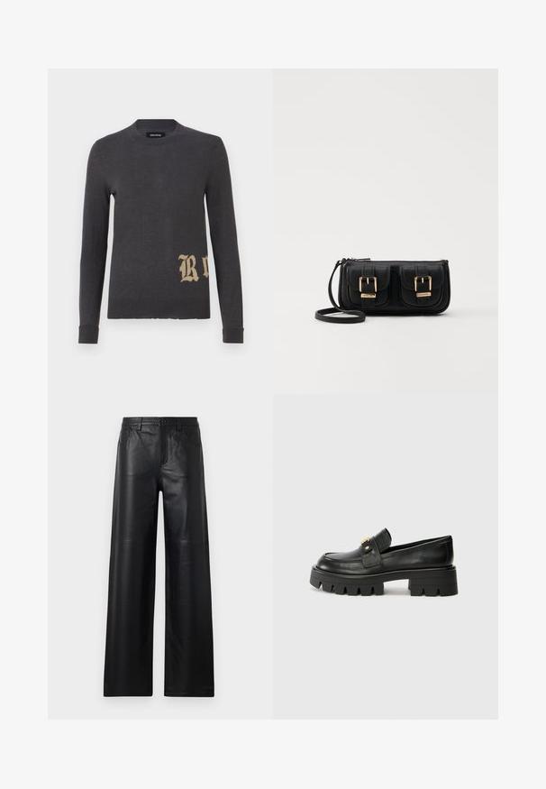 Hall grey pikkade varrukatega sviiter pehmest kudumisest, mille all vasakul küljel on suur beež täht "R". Ümar kaelus ja kitsad mansetid.; Laiad mustad nahkpüksid siledast tekstuurist, esi-taskute, nööbiga sulgemise ja peente õmblusdetailidega.; Mustast nahkfrontaalid, millel on paks tald, esiosas kullatooni aksent ja sile viimistlus. Talse paksu mustriga disain.; Must küllastamata nahast õlakott, millel on kaks esist nähtavat taskut, kuldsed pandlad, tõmblukuga sulgemine ja peen rihm. Tekstuuriga pind ja kompaktne ristkülikukujuline kuju.