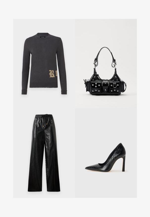 Pulover lung cu mâneci lungi de culoare gri, realizat dintr-un material tricotat moale, având o mare literă "R" de culoare bej în colțul stâng de jos. Guler rotund și mansete ajustate.; Pantaloni largi din piele neagră, cu talie elastică, șnur și accente de hardware aurie. Textură netedă și croială lejeră.; Pantofii cu toc înalt, ascuțiți, de culoare neagră, cu textură de piele de crocodil, având un design elegant, toc în stil stiletto și interior neted de culoare neagră.; Geantă de piele neagră cu un design curbat, dotată cu studuri argintii, o cataramă și două buzunare laterale. Curea ajustabilă pentru opțiuni de transport.