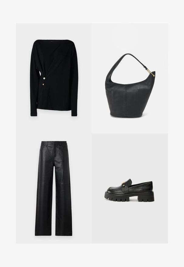 Black long-sleeve top with an off-shoulder neckline, draped front, and three decorative buttons in white, gold, and brown on the side.; Wide-leg black leather pants with a smooth texture, featuring front pockets, a button closure, and subtle stitching details.; Black leather loafers with a chunky sole, featuring a gold-tone accent on the front and a smooth finish. Chunky tread design on the sole.; Black leather handbag with a rounded shape, a wide strap, and a textured finish. Features a subtle seam detail and a gold-tone hardware accent.