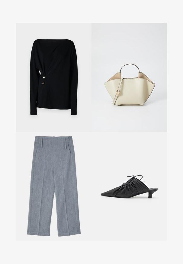 Svart långärmad topp med off-shoulder stöd, draperad front och tre dekorativa knappar i vitt, guld och brunt på sidan.; Ljust grå, vida byxor i strukturerad tyg med två framfållar och två sidofickor. Rent, skräddarsytt utförande.; Svarta läder slip-on mules med spetsig tå, sammanknipen textur och en liten kitten heel. Har en dragsnörningsdetalj vid öppningen.; Ree Projects ANN - Handväska - beige
