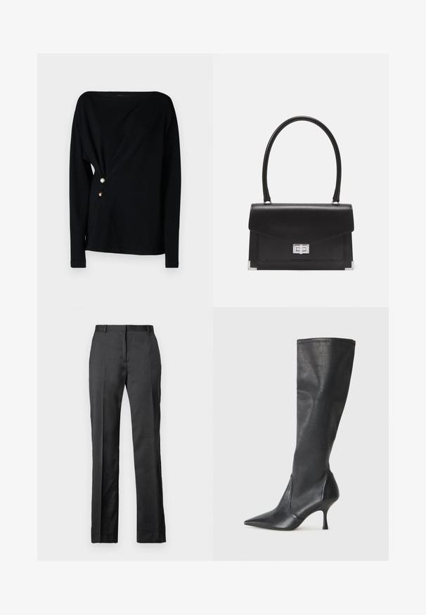 Black long-sleeve top with an off-shoulder neckline, draped front, and three decorative buttons in white, gold, and brown on the side.; Tailored black dress pants made from a smooth fabric. Features a straight leg design, flat front, and subtle crease detailing.; Knee-high black leather boots with a pointed toe and a slim stiletto heel. Smooth texture with a fitted design and stitching at the top edge.; Black leather handbag with a structured design, a top handle, and a silver clasp. Features corner accents and smooth texture.