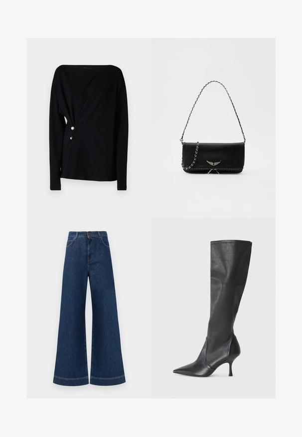 Melna gara piedurkne topa blūze ar atvērtu plecu apkakli, drapēta priekšpuse un trīs dekoratīvām pogām baltā, zelta un brūnā krāsā uz sāna.; Plati ziladenim bikses ar augstu jostasvietu, kas aprīkotas ar pogas aizdari, jostu cilpām un nelieliem šuvju detalizējumiem ap kabatām un malām.; Ceļa auguma melni ādas zābaki ar smailu purngalu un šauru stiletto papēdi. Gluda tekstūra ar pieguļošu dizainu un izšuvumiem augšējā malā.; Melnas ādas rokassomā ar sudraba ķēdes siksnu, kurai ir dekoratīvi spārnu akcenti un baltā šuvēšana apakšējā šuvē.