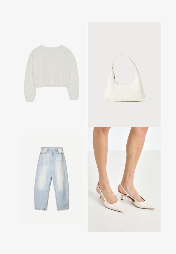 Witte cropped sweater met kabelbrei-textuur, brede mouwen en een ronde halslijn, met een gestructureerd patroon aan de achterkant.; Witte overhemden met een klassieke kraag, lange mouwen en een relaxte pasvorm. Gemaakt van lichte stof met een zachte textuur.; Lichtblauwe denim jeans met een losse pasvorm, voorzien van een vervaagde afwerking, twee voorzakken en een knoopsluiting bij de taille.; Beige gepatineerde leren slingback hakken met een spitze neus en een hak van 5 cm, met uitsparingen aan de zijkanten en een dunne enkelband.; Kleine witte schoudertas met een enkele verstelbare schouderband en een ritsafsluiting, geplaatst tegen een effen witte achtergrond.