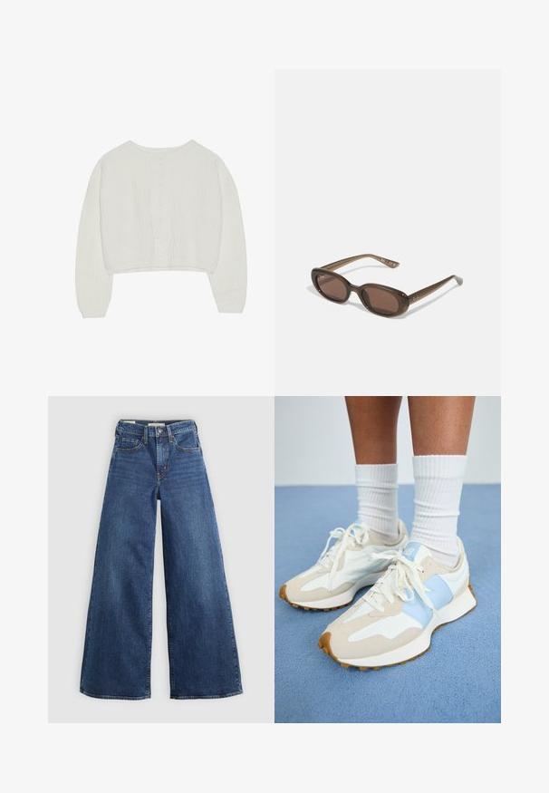 Suéter corto blanco con textura de punto trenzado, mangas anchas y un escote redondo, que presenta un patrón texturizado en la parte posterior.; Vaqueros de mezclilla azul de pierna ancha con cinco bolsillos, cierre de botón y costuras en contraste, con un acabado suave y texturizado.; Zapatillas ligeras con un diseño en beige y azul claro. Presentan materiales de ante y malla, cordones blancos y una suela de goma texturizada.; Gafas de sol ovaladas marrones con lentes oscuros. La montura está hecha de un material marrón transparente y presenta un logo impreso en las patillas.; Anillos de resina clara y ámbar, uno liso y transparente, el otro con un acabado texturizado en ámbar. Ambos presentan diseños redondeados y voluminosos.