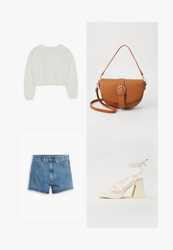 Hvit kortermet genser med kabelstrikket tekstur, vide ermer og rund hals, med et strukturert mønster langs ryggen.; Lys blå denimshorts med fem lommer, glidelås og knappefeste. Bunnkanten er slitt med et avslappet passformdesign.; Hvit høyhælte sandal med kraftig hæl, med en stroppe-design og ankelbånd. Glatt tekstur med plattform foran for ekstra høyde.; Brun lærcrossbody-veske med en buet form, gullhardware og et spenneakcent. Har en avtakbar skulderreim.
