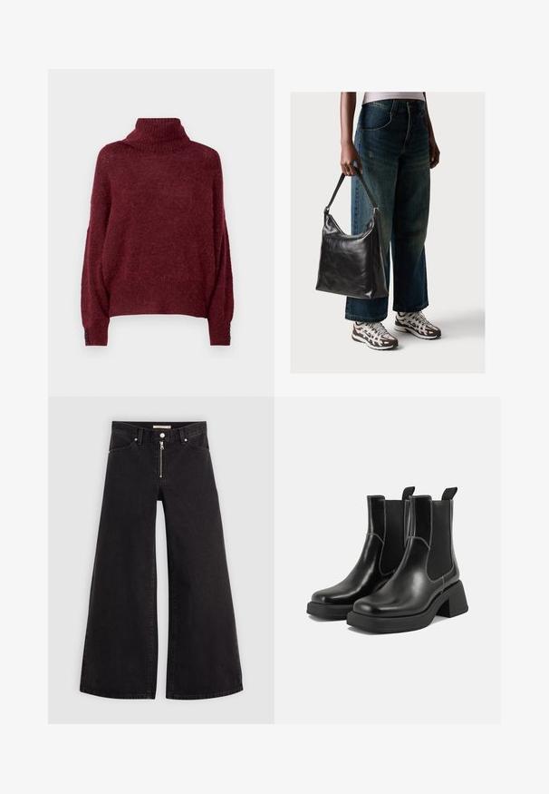 ICHI KAMARA bordowy; Jeans o szerokich nogawkach w czarnym denienie z zamkiem błyskawicznym z przodu, pięcioma kieszeniami i subtelnymi detalami przeszycia. Gładka tekstura i swobodny styl.; Czarne skórzane botki Chelsea na mocnej podeszwie, z elastycznymi panelami bocznymi i kontrastującym białym ściegiem. Teksturowane wykończenie.; Czarna skórzana torba na ramię o gładkiej fakturze i regulowanym pasku, w zestawieniu z wyblakłymi dżinsami typu wide-leg i sportowymi butami.