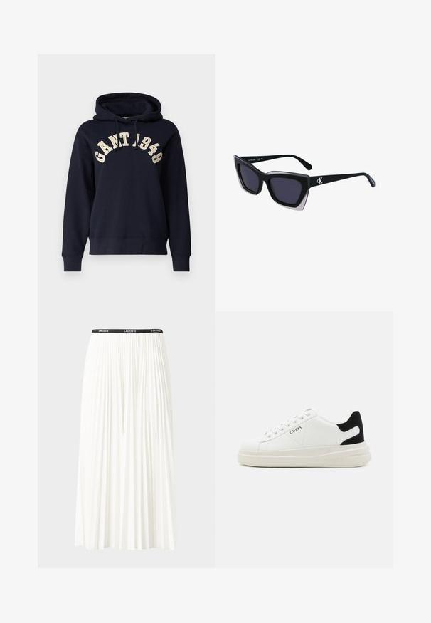 Navy blue hooded sweatshirt made from soft fabric. Features a kangaroo pocket, ribbed cuffs, and contrasting "GANT 1949" embroidery across the chest.; Pleated white skirt with a black elastic waistband featuring the "LACOSTE" logo. Mid-length design with soft texture.; White leather sneakers with a thick white sole, black suede heel accent, and embossed logo on the side. Laced design with six eyelets.; Black oversized sunglasses with a geometric shape, featuring dark lenses and a contrasting grey detail on the frame. Logo on the arm.