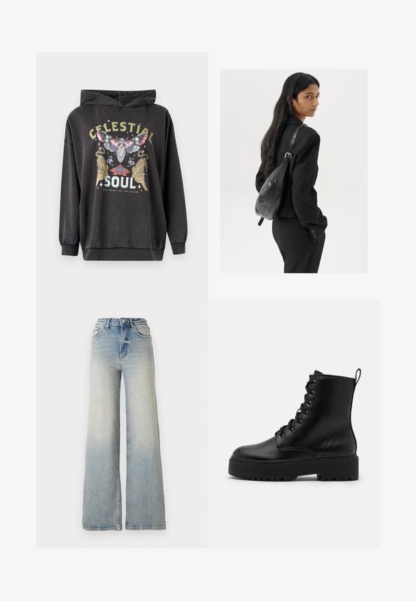 Temno siva kapuca zadrga s pisanimi grafikami, ki vključujejo metulja, dva tigra in cvetlične poudarke. Žepi z ribano manšeto in dno.; Svijetloplave široke traperice s visokim strukom, koje imaju pet džepova i vidljivo šivanje uz šavove.; Črne usnjene gležnarske škornje s debelim, teksturiranim podplatom, okroglo konico in kovinskimi luknjami za vezalke. Imajo zanko na zadnji strani.; Ženska z dolgimi temnimi lasmi, oblečena v črn kostim, nosi črno usnjeno torbo čez ramo in se ozira čez ramo proti beli podlagi.