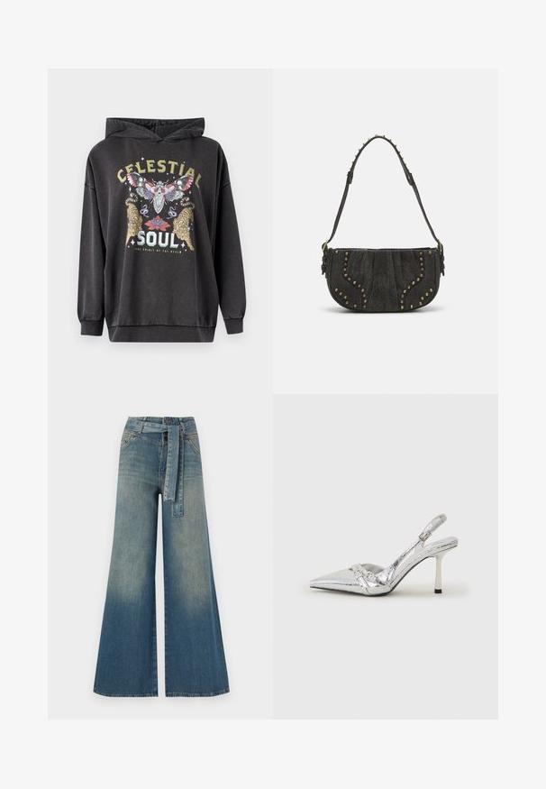 Sötét szürke kapucnis pulóver, színes grafikával, amelyen egy pillangó, két tigris és virágos díszítés található. Bordázott mandzsetták és alján.; Bőszárú farmernadrág, világos és sötétkék árnyalatokkal, magas derekú, övgyűrűkkel és a nadrággal megegyező anyagú övvel. Textúrált farmer kivitel.; Ezüst slingback magas sarkú cipő hegyes orral, fémszerű felülettel, két dekoratív pánttal és vékony sarkú, fekete végű dizájnnal.; Fekete velúr táska ívelt kialakítással, szegecses részletekkel és texturált felülettel. Állítható pánt, a széle mentén tűzijáték részletekkel.