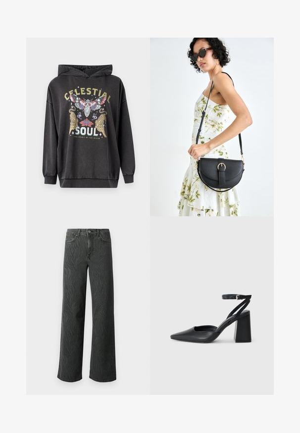 Dunkelgrauer Kapuzenpullover mit einem farbenfrohen Grafikdesign, das einen Schmetterling, zwei Tiger und florale Akzente zeigt. Gerippte Bündchen und Saum.; Weite Jeans aus dunkelgrauem Denim, mit einer subtilen Zebra-Muster-Struktur, kontrastierenden Nähten und einem Fünf-Taschen-Design mit einem Knopfverschluss.; Schwarze Leder-Pumps mit spitzer Zehe, einem Knöchelriemen und einem blockigen Absatz. Flache Textur, elegantes Design und minimalistische Ästhetik.; Schwarze Lederhandtasche mit geschwungener Form, abnehmbarem Tragegurt und goldenen Beschlägen. Die Tasche verfügt über einen Deckel mit einer Schnallen-Details.