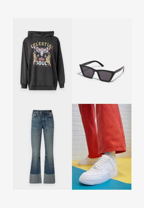 Hanorac cu glugă de culoare gri închis, având un grafic colorat cu un fluture, două tigri și accente florale. Manșete și tiv cu dungi.; Jeans din denim evazati de culoare albastru mediu, cu talie înaltă, cinci butoane și tiv destrămat. Dispune de un tiv mai deschis la baza și o textură estompată.; Tenis alb din piele cu fanta pe vârful piciorului, talpă texturată și șireturi albe, purtat cu pantaloni larga roșii și un fundal albastru și galben.; Ochelari de soare negri, unghiulari, cu lentile gri; fabricați din plastic, având brațe groase cu o suprafață netedă și fără hardware vizibil.; Cercei cercuri din aur cu un finisaj neted și strălucitor. Design circular cu un mic suport și un spate transparent pentru o purtare sigură.