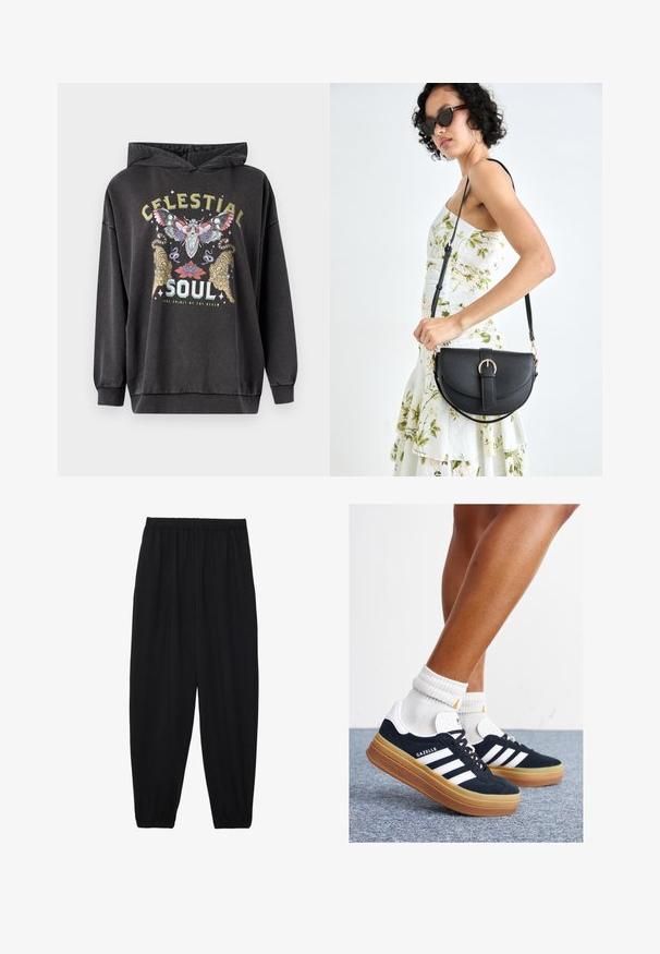 Sötét szürke kapucnis pulóver, színes grafikával, amelyen egy pillangó, két tigris és virágos díszítés található. Bordázott mandzsetták és alján.; Fekete, könnyű nadrág elasztikus derékkal és ráncolt bokákkal. Az anyag sima és laza, szűkített dizájnnal rendelkezik.; Fekete velúr sportcipő fehér csíkokkal és díszítésekkel, lekerekített orral, gumitalpú külső résszel, fehér bordázott bokazoknival párosítva.; Fekete bőrtáska ívelt formával, levehető pánttal és arany színű fémrészekkel. A táskán egy csattal díszített fedél található.