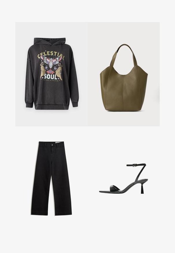 Sötét szürke kapucnis pulóver, színes grafikával, amelyen egy pillangó, két tigris és virágos díszítés található. Bordázott mandzsetták és alján.; Fekete, bő szabású farmernadrág magas derékkal, elülső és hátsó zsebekkel, varrott felületekkel és gombos záródással. Sima textúra.; Bershka Magas sarkú szandálok - black; Olivazöld bőr kézitáska dupla pántokkal, sima textúrával és négy paneles kialakítással. Erősített varrás a varratok mentén a tartósság érdekében.