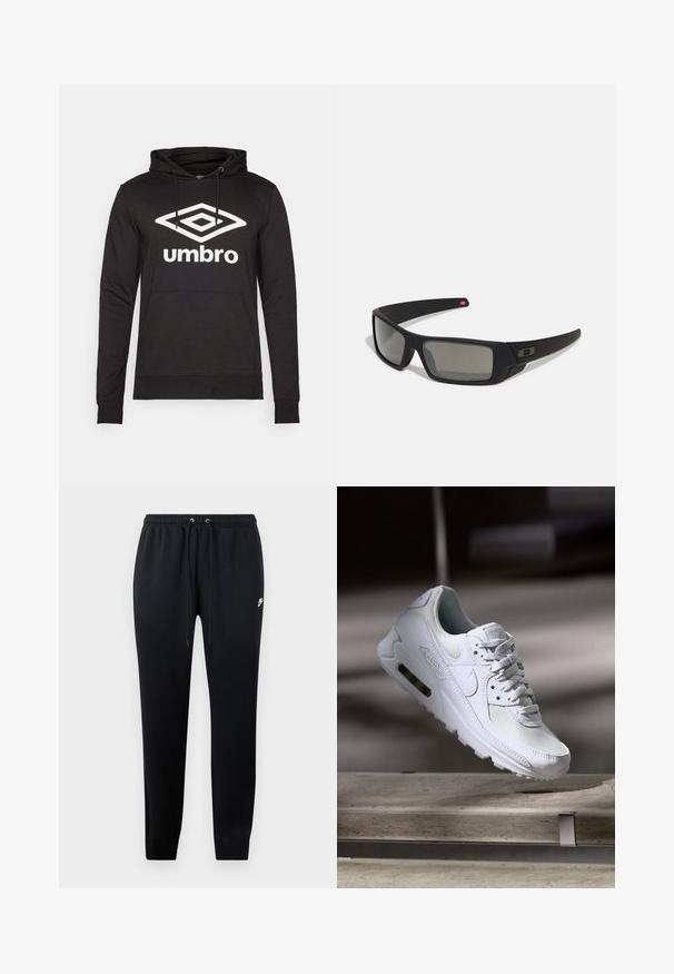 Black hoodie with a front pocket and drawstrings, featuring a large white diamond logo and "umbro" text on the chest. Smooth fabric texture.; Black sweatpants made of soft fabric, featuring an elastic waistband with drawstrings, cuffed ankles, and a small logo detail on the side.; White Nike Air Max 90 sneaker featuring a mesh and leather upper, perforated toe box, and a visible air unit in the heel.; Black sunglasses with a matte finish, rectangular lenses, slight curve on temples, subtle logo detail, and smoke-tinted lenses.
