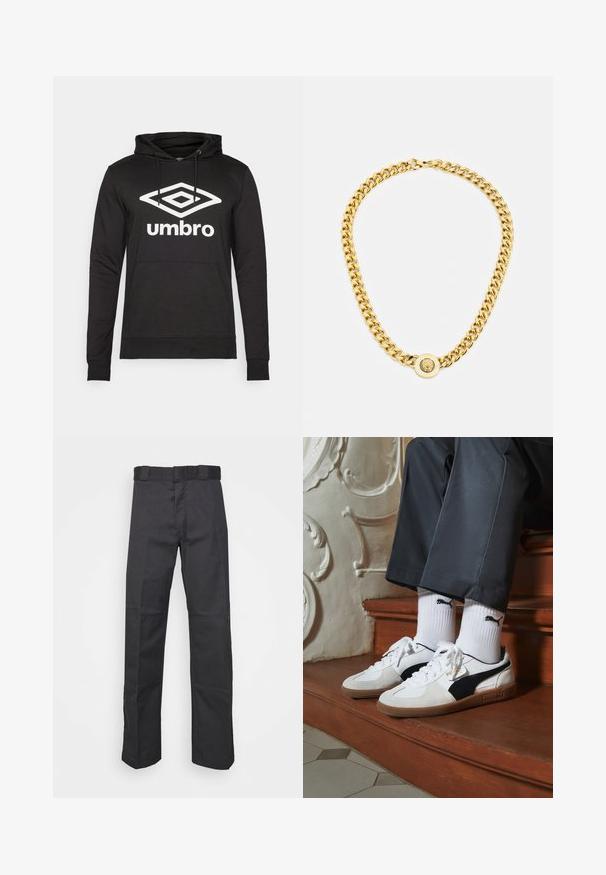 Μαύρη φόρμα με κουκούλα και μπροστινή τσέπη, με κορδόνια, με μεγάλο λευκό λογότυπο διαμαντιού και κείμενο "umbro" στο στήθος. Λείο υλικό.; Μαύρο παντελόνι κατασκευασμένο από ανθεκτικό ύφασμα, με σχέδιο κατευθείαν ποδιού, μέση με θηλιές για ζώνη και ραφές για επιπλέον υφή.; Αθλητικά παπούτσια Puma σε λευκή και μαύρη σουέτ, με καφέ ελαστική σόλα. Συνδυασμένα με λευκές κάλτσες που εμφανίζουν ένα μαύρο λογότυπο, φορεμένα με σκούρα παντελόνια.; Χρυσό κολιέ με μεγάλα αλληλοσυνδεόμενα κρίκους, με κυκλικό διακοσμητικό στοιχείο στο κέντρο που έχει ανάγλυφο έμβλημα.