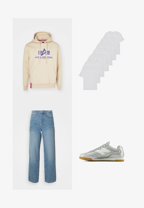 Hanorac bej cu un logo mare "Alpha Industries" de culoare purpurie și accente de design. Include o buzunar frontal și o etichetă roșie pe tiv.; Tricouri din bumbac albe, cu mâneci scurte, design cu guler rotund, textură simplă, așezate într-un rând, cu o marcă subtilă la guler.; Jeans din denim de culoare albastru deschis cu talie înaltă, design cu picioare largi și o textură ușor decolorată. Prezintă buzunare frontale și închidere cu fermoar.; Cămașă sport argintie cu o suprafață netedă și strălucitoare, logo alb pe lateral, șireturi texturate gri și talpă din cauciuc de gumă.