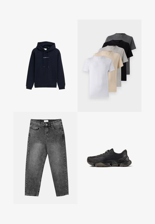 Felpa blu navy realizzata in tessuto morbido, con cappuccio regolabile, polsini a costine e logo stampato sul petto.; Set di cinque t-shirt a manica corta in bianco, beige, grigio chiaro, grigio scuro e nero. Realizzate in cotone morbido, con design a girocollo.; Jeans neri con lavaggio, a gamba dritta, con tasche frontali e posteriori, passanti per cintura e chiusura a bottone in vita.; Sneaker atletico nero con suola testurizzata, tomaia in pelle e scamosciato, collo imbottito e chiusura con lacci, mostrato in profilo laterale.