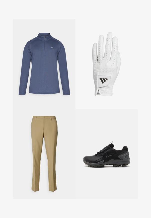 TravisMathew UPGRADED - Sweatshirt - navy; Khakifärgade byxor i mjukt tyg, med en klassisk design, raka ben, knäppning med knapp och två sidofickor.; Svarta atletiska skor med en slät syntetisk ovandel, texturerad mesh-krage och gummisula med formar för grepp.; Vit läder golfhandske med perforerade fingertoppar, texturerad sömnad och en svart accenten logotyp på handleden. Smal passform för bra grepp.