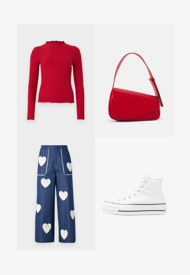 Rød stripete langermet topp med høy hals og bølgete kantlinjer, med en tettsittende fasong og glatte tekstur.; Sister Jane HEART TO HEART - Jeans straight leg - blue denim; Hvit høy-skinn kanvas sneakers med svart gummisåle, gummitåhette foran og seks hull for snorer, med et rent, minimalistisk design.; Rød lærveske med en vinklet, geometrisk design. Har en enkelt justerbar stropp og en klaffelukking med sydd detaljer.