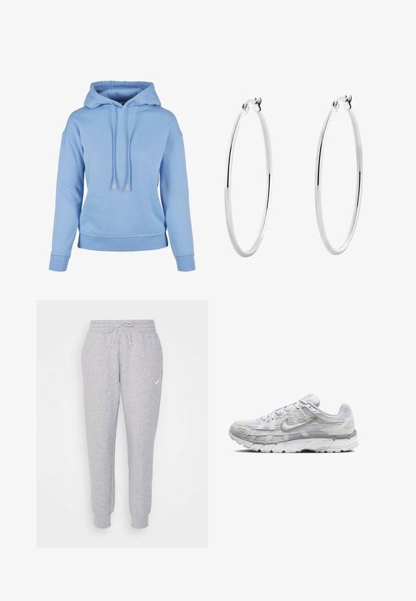 Felpa con cappuccio di color azzurro chiaro realizzata in tessuto morbido, presenta un cappuccio con coulisse, polsini e orlo ribattuti, con una vestibilità casual e dettagli minimi.; Pantaloni della tuta grigi chiari con vita regolabile, gamba affusolata e un piccolo logo bianco sulla coscia sinistra. Realizzati in un morbido tessuto texture.; Scarpe da ginnastica grigio chiaro con tomaia in rete e sintetico, dotate di chiusura con lacci, collo imbottito e suola testurizzata per una migliore aderenza.; Orecchini a cerchio in argento con una superficie liscia e lucida e una forma circolare sottile. Il design presenta una chiusura sicura.