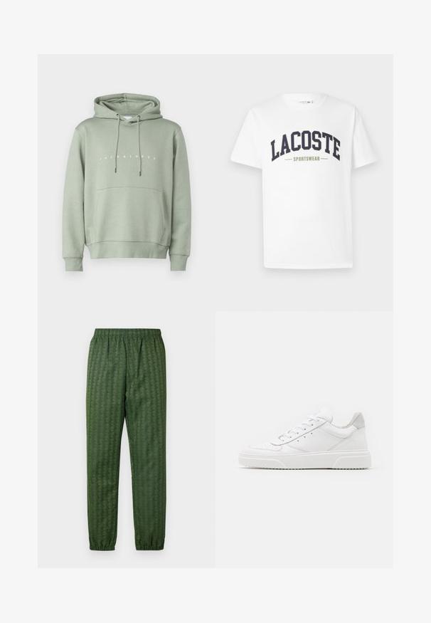 Sudadera verde claro con bolsillo frontal, capucha ajustable con cordón y logotipo blanco "JACK & JONES" en el pecho. Textura suave.; Camiseta blanca de algodón con un diseño curvado de logo "LACOSTE SPORTSWEAR" en color azul marino y verde oliva impreso en el pecho.; Pantalones deportivos verdes con estampado, cintura elástica, piernas ajustadas y un diseño geométrico en toda su superficie. Hechos de un material ligero.; Zapatillas de cuero blanca con un acabado suave, punta redondeada, cordones planos y una suela texturada. Acento de ante gris en el talón.