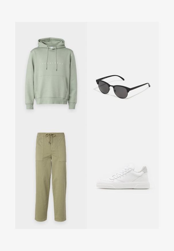 Gaiši zaļš kapucis ar priekšējo kabatu, regulējamu šņoru kapuci un baltu "JACK & JONES" logo krūšu daļā. Viegla tekstūra.; Gaišolīci zaļas bikses no kokvilnas maisījuma auduma, ar elastīgu jostu un saiti, kā arī divām lielām sānu kabatām.; Baltie ādas sporta apavi ar gludu virsmu, noapaļotu purngalu, plakaniem šņorēm un reljefa zoli. Pelēks zamšādas akcenti pie papēža.; Melnas saules brilles ar apaļām lēcām, matēta apdare un izteiksmīga kaķa acu forma. Šaurās kājiņas ar Discreto zīmolu uz kreisā tempļa.