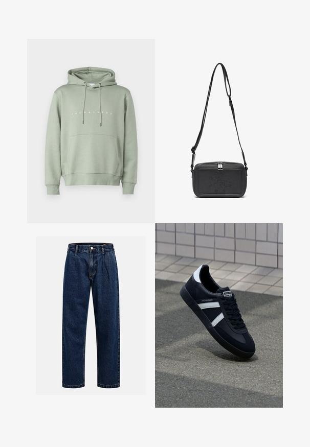 Lichtgroene hoodie met een voorzak, verstelbare trekkoordkap en witte "JACK & JONES" logo op de borst. Soepele textuur.; Donkerblauwe denim jeans met een rechtlopende pasvorm. Beschikt over zichtbare stiksels, een knoopsluiting en voorste plooien voor extra detail.; Zwarte leren sneaker met witte strepen, een gestructureerde rubberen zool en vetersluiting aan de voorkant. Voorzien van een merklabel op de tong.; Zwarte leren schoudertas met een ritssluiting, reliëflogo aan de voorkant en een verstelbare schouderriem. Gladde textuur met een rechthoekige vorm.