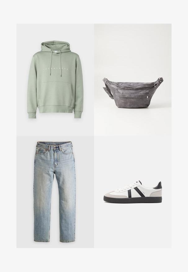 Lys grøn hoodie med en frontlomme, justerbar snøre til hætten og hvid "JACK & JONES" logo hen over brystet. Glat tekstur.; Lysblå denim jeans med høj talje, frontknap, lynlås og fem-lomme design, lagt fladt på en neutral baggrund.; Hvide sneakers med sorte og grå detaljer, med en tekstureret grå tåhætte, sort gummisål og flade hvide snørebånd. Rent design, minimalistisk stil.; Grå suedefanny pack med en rund form, to lynlåslommer og justerbart strop. Har metalhardware detaljer.