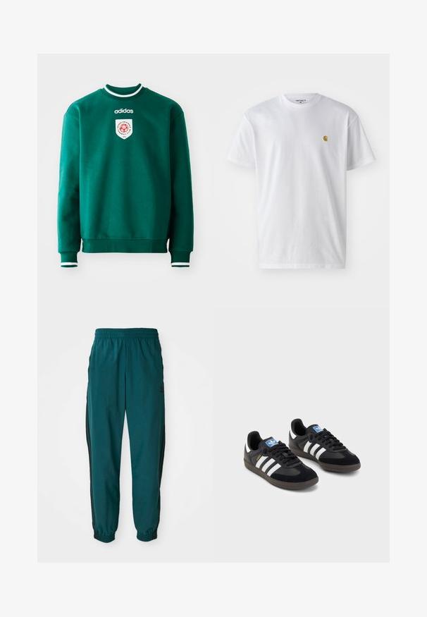 Grön sweatshirt med rund halsringning, vita detaljer vid kragen och muddar, med en cirkulär logotyp på bröstet. Tillverkad av mjukt, texturerat material.; Vit bomullströja med korta ärmar, rund halsringning, med en liten guldlogotyp på vänster bröstområde. Mjuk textur och vanlig passform.; Teal sportbyxor med dragsko i midjan, elastiska muddar och svarta sidostråkar. Tillverkade av lättviktsmaterial och har en logo nära höften.; Svarta sneakers med övre del av mocka och syntetmaterial, med tre vita ränder, texturerad gummisula och blå logotags på tungan.