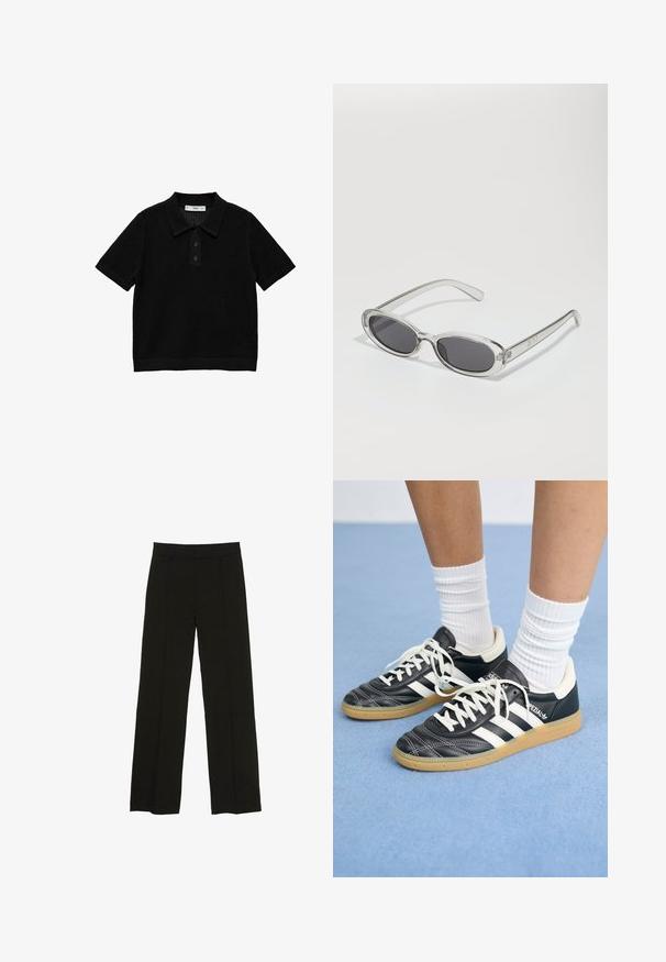 Čierna polo košeľa s krátkym rukávom, s textúrovaným pleteným vzorom, trojbodovým zapínaním a rebrovanými detailmi na golieriku a leme.; Čierne široké nohavice vyrobené z hladkej tkaniny, so priliehavým pásom a jemnými prednými záhybmi pre zvýšenie textúry.; Čierne kožené tenisky s bielymi pruhmi, okrúhlou špičkou, bielymi šnúrkami a gumovou podrážkou. Vyzdvihujú ich vypchávkovaný golier a detaily s logom.; Slnečné okuliare oválneho tvaru, s priehľadným plastovým rámom, tmavošedými šošovkami a tenkými priehľadnými ramienkami s logovými akcentmi a minimálnym detailovaním.