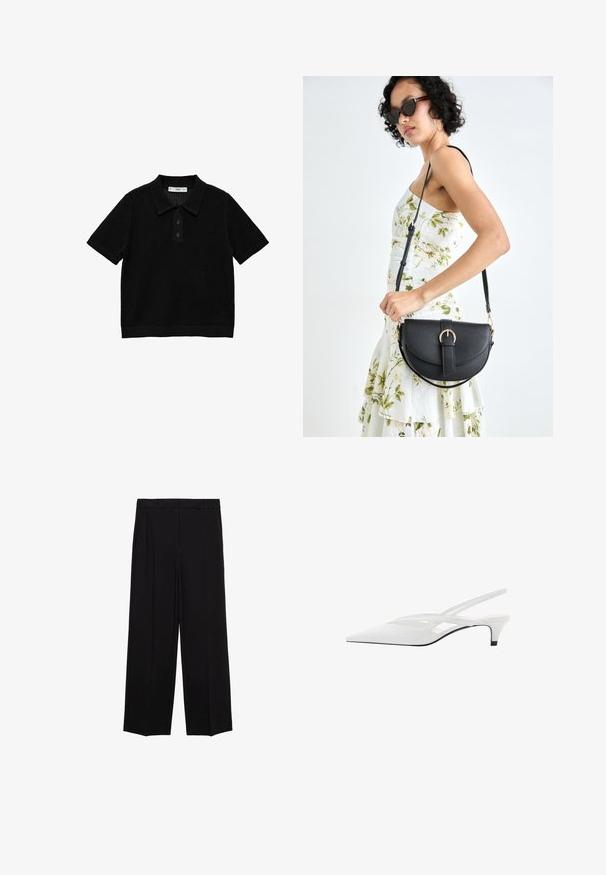 Črna polo majica s kratkimi rokavi z teksturiranim pletenim vzorcem, trimi gumbi in rebrastim ovratnikom ter spodnjim robom.; Črne široke hlače iz gladkega materiala, z gubami spredaj in stranskimi žepi, zasnovane v ravnem, sproščenem kroju.; Bela slingback peta z ošiljenim nosom, z gladkim zgornjim delom, subtilnimi izrezi in nizkim blok petkom. Črna podplat poudarja dizajn.; Črna usnjena torbica s ukrivljeno obliko, z odstranljivo naramnico in zlatimi dodatki. Torbica ima pokrov s podrobnostmi v obliki zaponke.