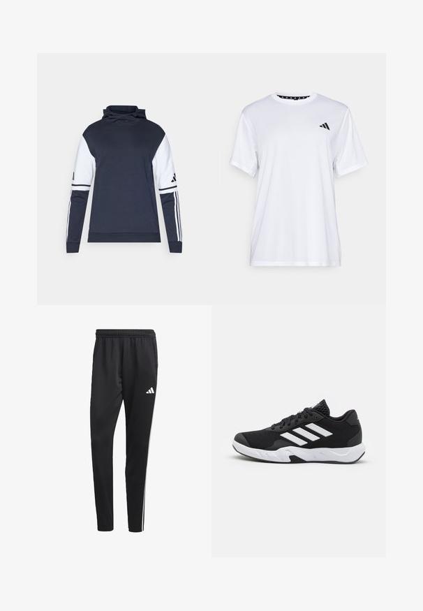 Sweatshirt bleumarin cu mâneci albe, guler înalt și design cu trei dungi pe brațe. Fabricat dintr-un material moale, având o croială lejeră.; Tricou sportiv alb cu mâneci scurte, fabricat dintr-un material care elimina umezeala. Are un logo negru pe pieptul stâng și o guler interiory cu un design patterned.; Pantaloni sport negru cu un brâu elastic, dungi albe pe lateral și un mic logo alb pe coapsă. Realizați dintr-un material neted și ușor.; Pantofi sport negri cu un material din plasă texturată, benzi albe de accent, o talpă cushioned și un călcâi întărit pentru suport.