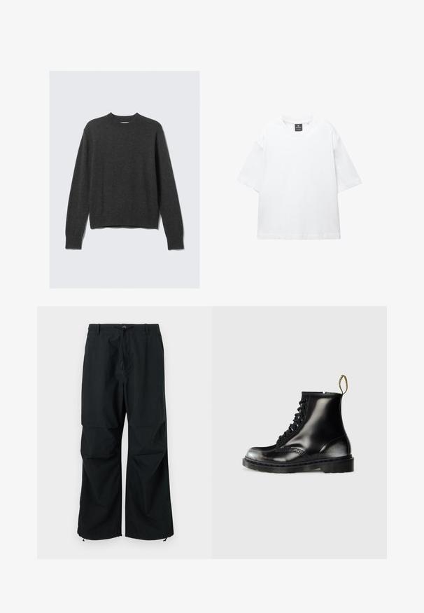 Pull en tricot gris foncé avec un col rond, des poignets et un ourlet côtelés. Le tissu a une texture lisse et présente un design à coupe décontractée.; T-shirt blanc à manches courtes en coton, avec un col rond et une coupe décontractée àOurlet droit. Sans motifs ni embellissements.; Pantalons larges noirs avec taille à cordon de serrage et ourlets élastiques. Fabriqués en tissu léger et texturé. Design simple.; Bottines noires en cuir avec une finition brillante, huit œillets, lacets noirs et une languette. Elles possèdent une semelle texturée à profil cranté.