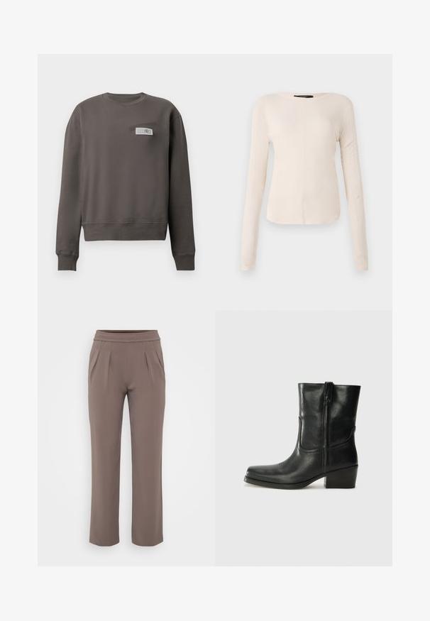 Pelēks sporta krekls no mīksta auduma ar apaļu kakla izgriezumu, garām piedurknēm un krūšu kabatu ar melnas un baltas etiķetes detaļu.; Ilgi piedurkņu, gaiši bēšas krāsas blūze ar apaļu dekoltē. Izgatavota no mīksta auduma, ar centrālo šuvi un nedaudz izliekta apakšmala. Nav redzamu papildus elementu.; Taurī šūšanas brīvās formas bikses ar elastīgu jostasvietu un priekšējiem krokām, izgatavotas no gludas auduma.; Melna ādas potīte ar noapaļotu purngalu, bloku papēdi, sānu rāvējslēdzēju un šuvju akcentiem uz virsmas. Gluda tekstūra, klasiskā dizaina.